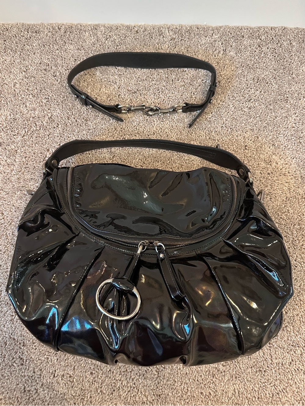 Gucci Icon Bit Black Patent Leather Shoulder Bag with Removable Strap